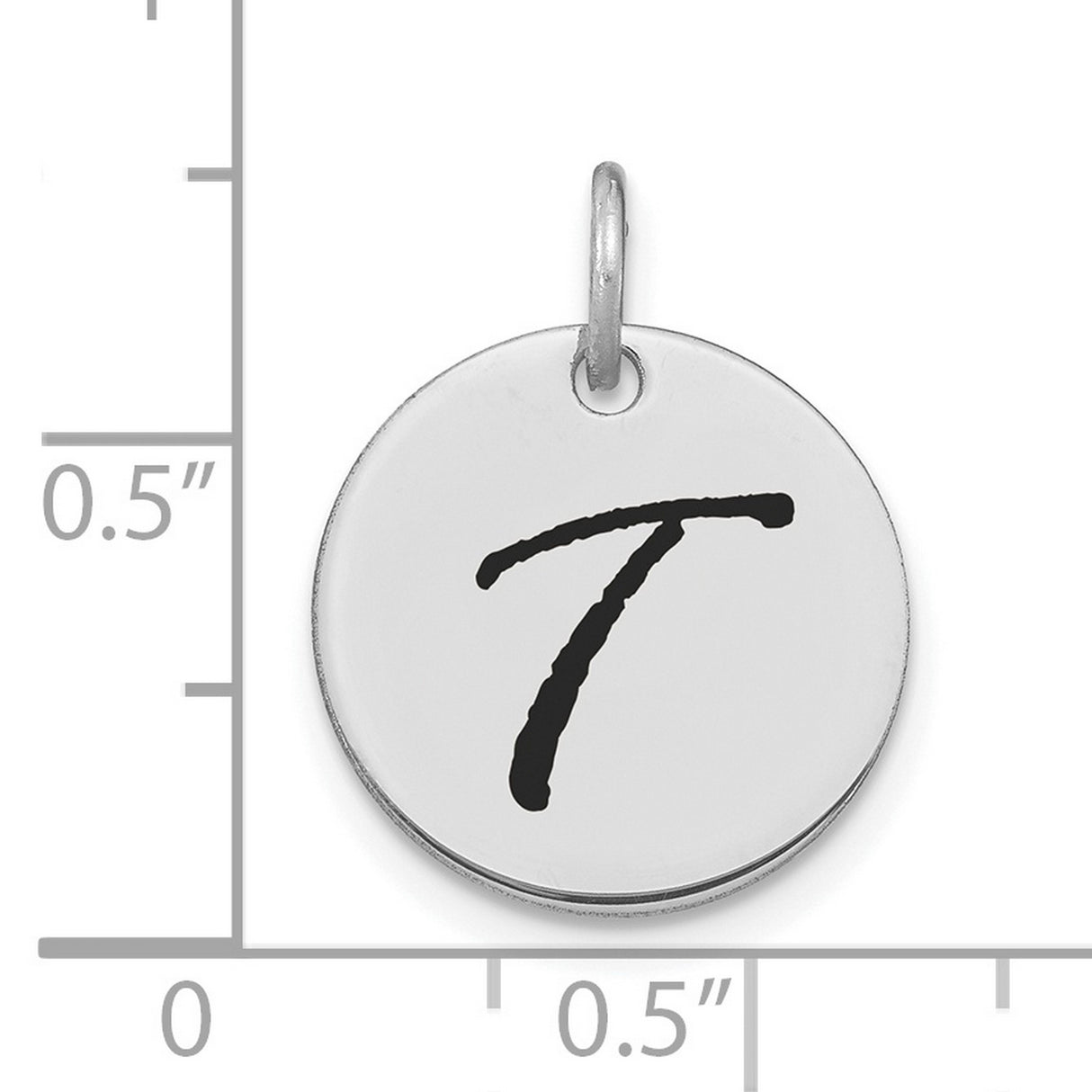 14k White Gold Round Pendant with Script Letter T, Polished Initial Disc Charm