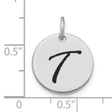 14k White Gold Round Pendant with Script Letter T, Polished Initial Disc Charm