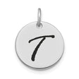 14k White Gold Round Pendant with Script Letter T, Polished Initial Disc Charm