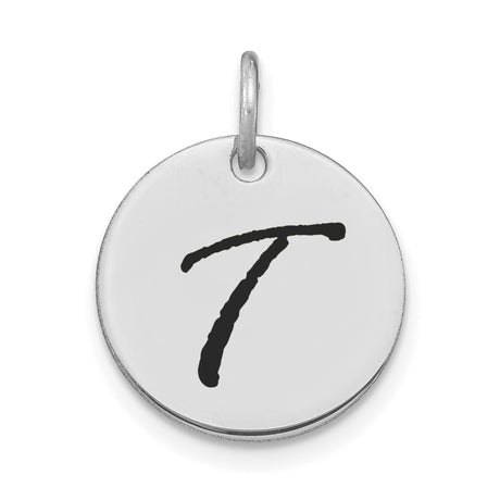 14k White Gold Round Pendant with Script Letter T, Polished Initial Disc Charm