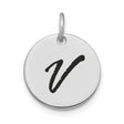 14k White Gold Initial Pendant with Script Letter V, Unisex Monogram Charm