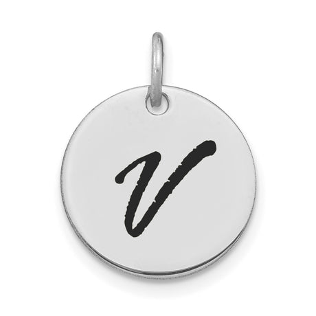 14k White Gold Initial Pendant with Script Letter V, Unisex Monogram Charm