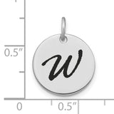 14k White Gold Initial Pendant with Bold Script Letter W, Round Disc Charm