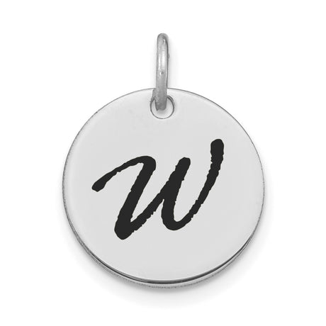 14k White Gold Initial Pendant with Bold Script Letter W, Round Disc Charm