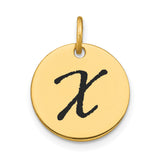 Polished Black Enamel Letter X Initial Disk Charm Pendant in Real 14k Yellow Gold