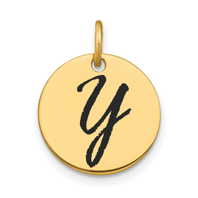 Polished Black Enamel Letter Y Initial Disk Charm Pendant in Real 14k Yellow Gold