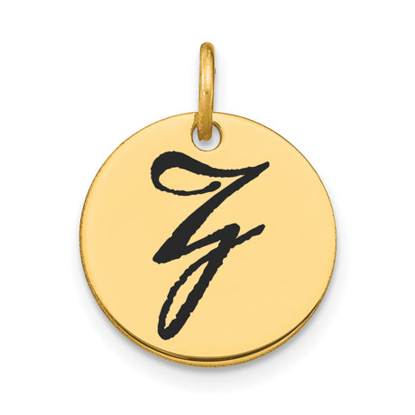 Polished Black Enamel Letter Z Initial Disk Charm Pendant in Real 14k Yellow Gold