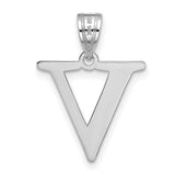 14k White Gold Letter V Pendant, Polished Alphabet Charm with Groove Accent