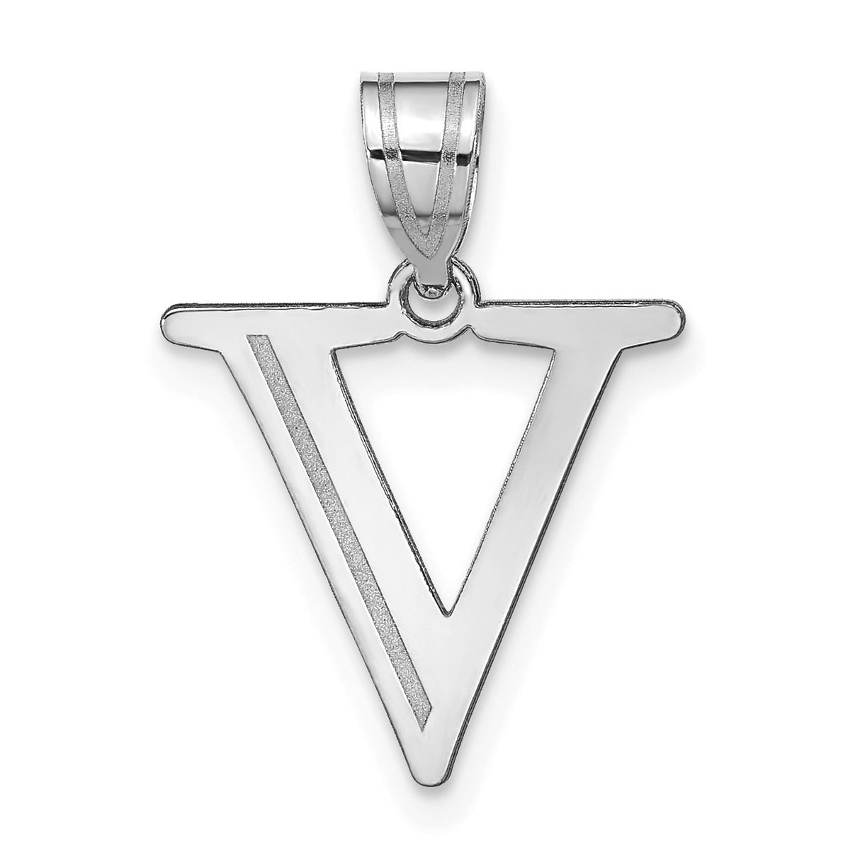 14k White Gold Letter V Pendant, Polished Alphabet Charm with Groove Accent