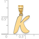 14k Yellow Gold Script Letter K Pendant, Polished Capital Monogram Charm for Women