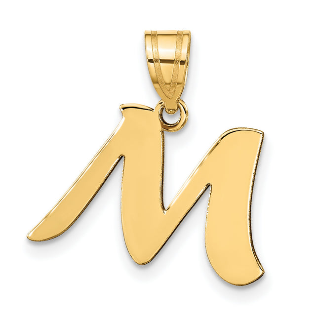 14k Yellow Gold Script Letter M Pendant, Polished Initial Charm, Unisex Monogram Jewelry