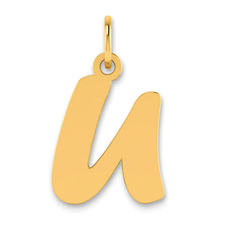 Polished Script Letter U Initial Charm Pendant in Real 14k Yellow Gold