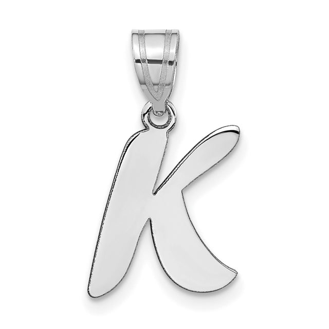 14k White Gold Initial Pendant, Cursive Letter K Charm, Polished Script Monogram Jewelry