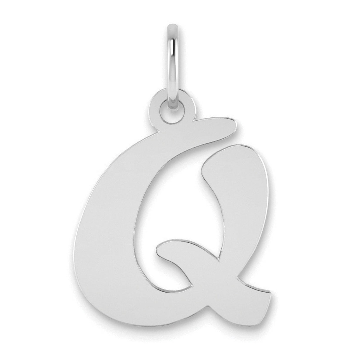 Polished Script Letter Q Initial Charm Pendant in Real 14k White Gold