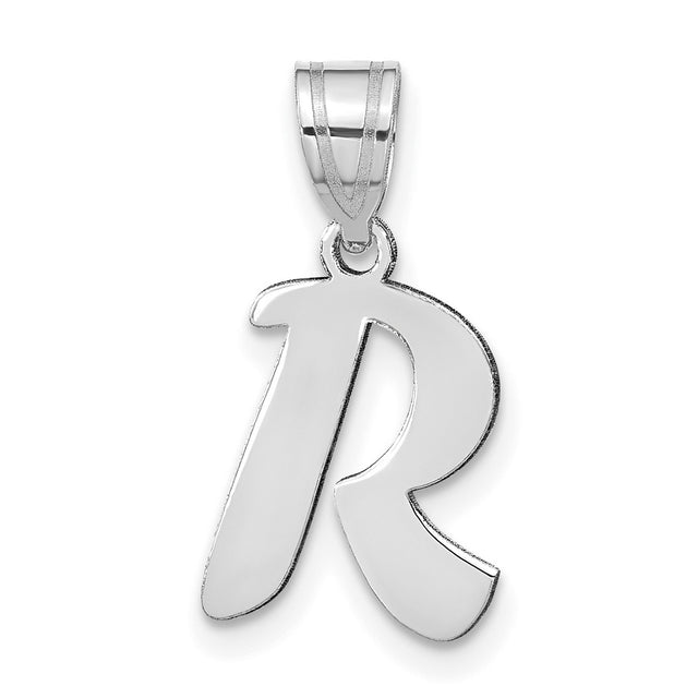14k White Gold Letter R Pendant, Script Initial Charm for Women or Unisex Wear