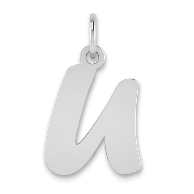 Polished Script Letter U Initial Charm Pendant in Real 14k White Gold