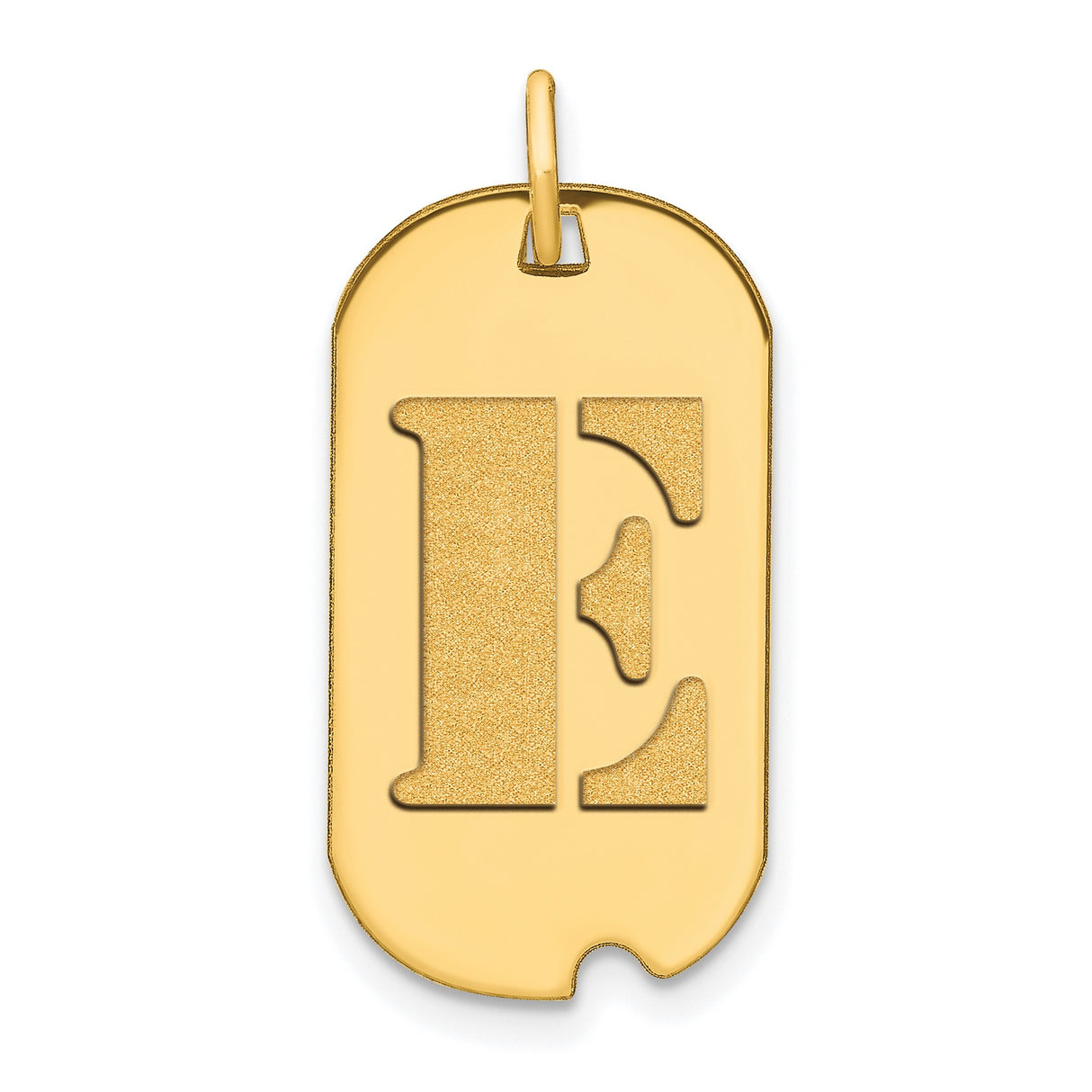 14k Yellow Gold Dog Tag Pendant with Cutout Block Letter E, Unisex Initial Charm