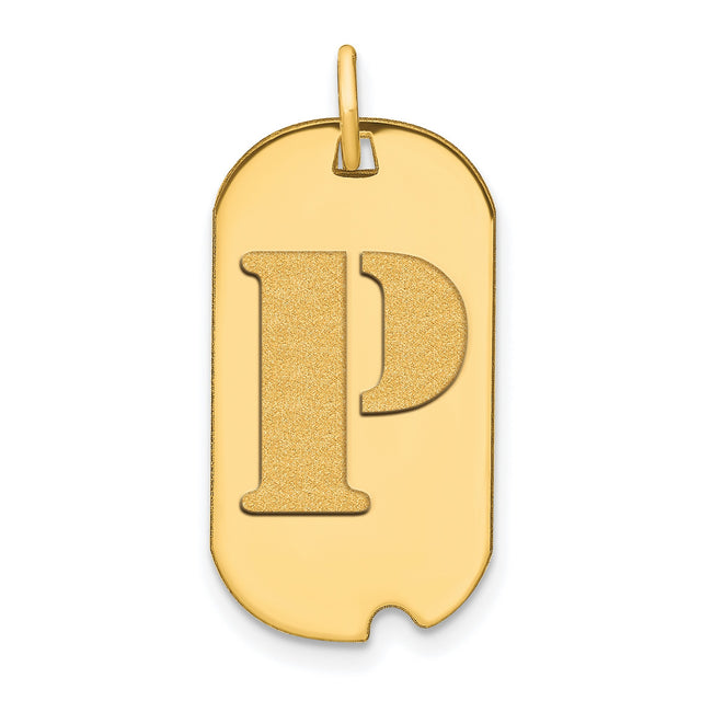 14k Yellow Gold Dog Tag Pendant with Raised Letter P, Textured Initial Charm