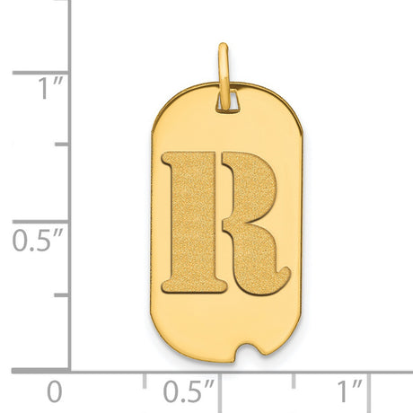 14k Yellow Gold Initial R Dog Tag Pendant with Polished Finish, Unisex Letter Charm