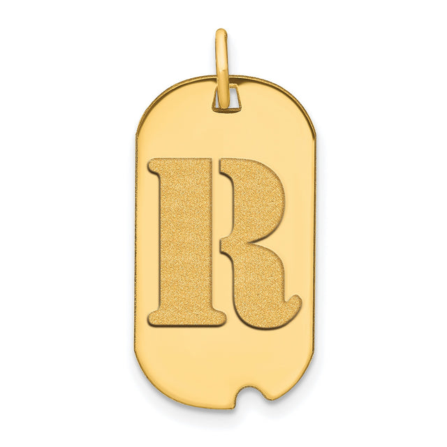 14k Yellow Gold Initial R Dog Tag Pendant with Polished Finish, Unisex Letter Charm
