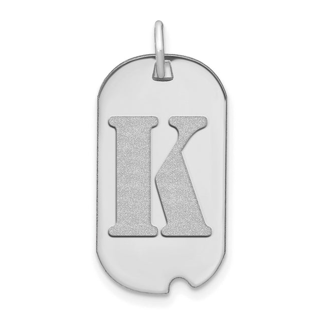 14k White Gold Dog Tag Pendant with Letter K, Polished Satin Finish, Unisex Charm