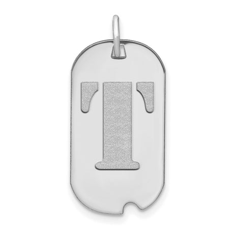 14k White Gold Dog Tag Pendant with Raised Block Letter T, Brushed and Polished Finish