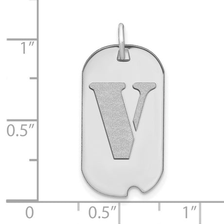 14k White Gold Dog Tag Pendant with Block Letter V Initial, Unisex Alphabet Charm