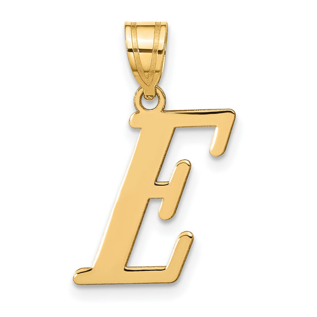 14k Yellow Gold Letter E Pendant, Bold Script Initial Charm for Women or Unisex Wear