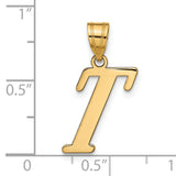 14k Yellow Gold Script Letter T Pendant, Polished Initial Charm for Women or Unisex