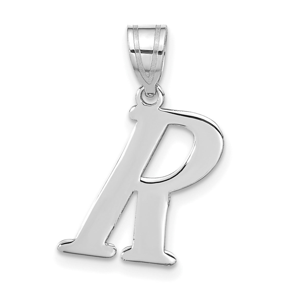 14k White Gold Letter R Pendant, Polished Script Initial Charm for Women or Unisex Wear