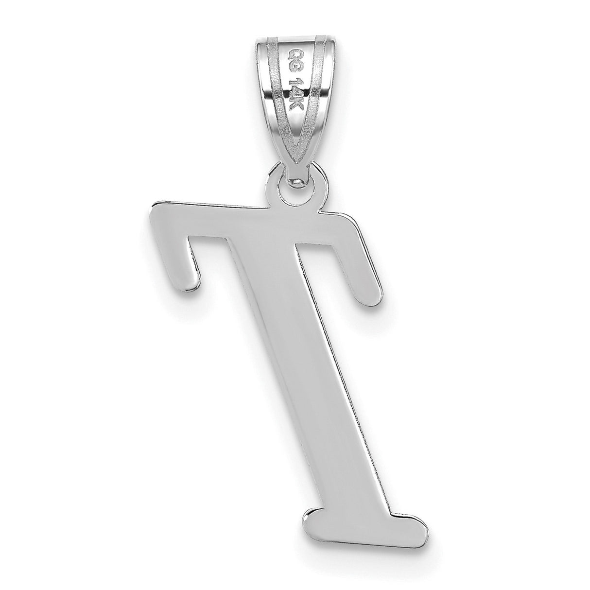 14k White Gold Letter T Pendant Charm, Polished Serif Font Design, Unisex Initial Jewelry