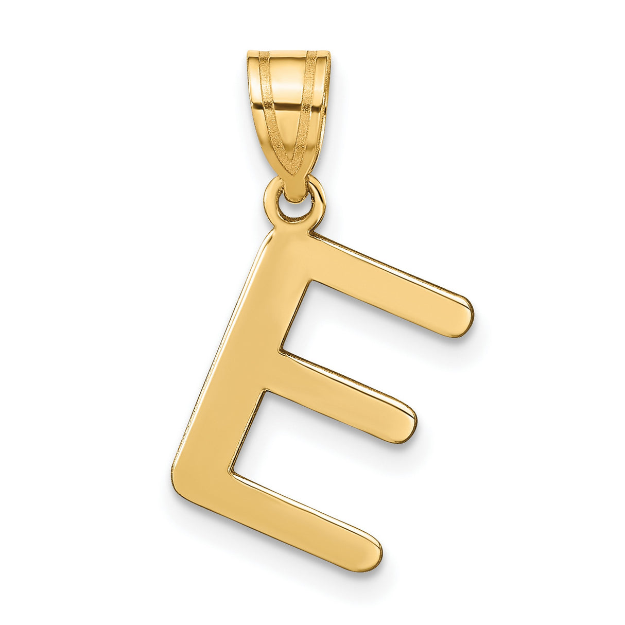 14k Yellow Gold Letter E Pendant, Polished Block Alphabet Charm for Women or Unisex Wear