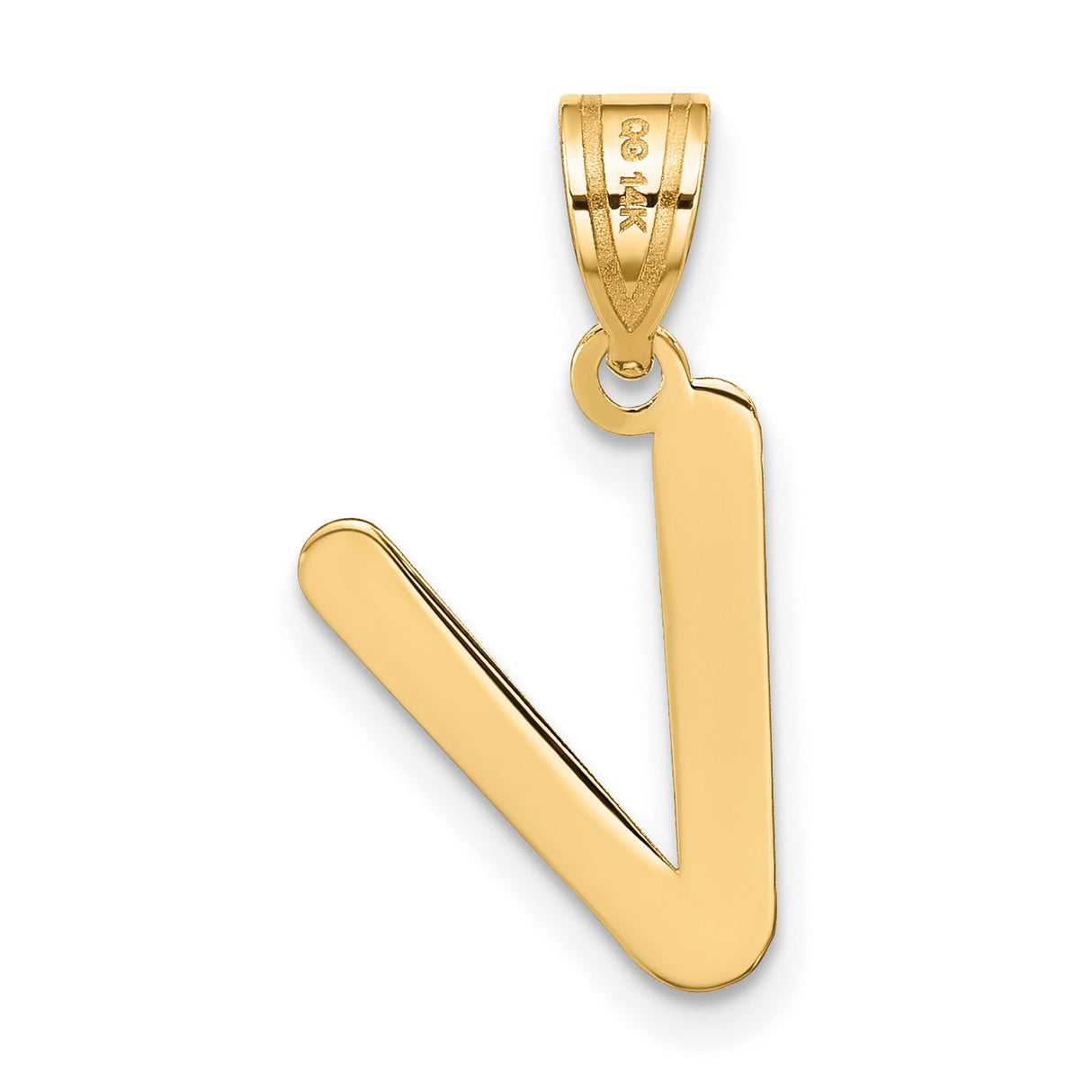 14k Yellow Gold Initial Pendant, Letter V Charm in Polished Block Design