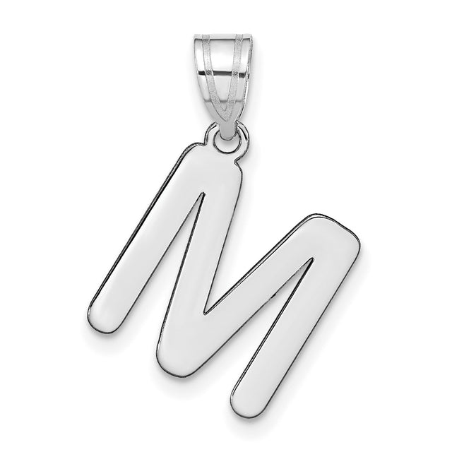 14k White Gold Script Letter M Pendant, Polished Initial Charm for Women