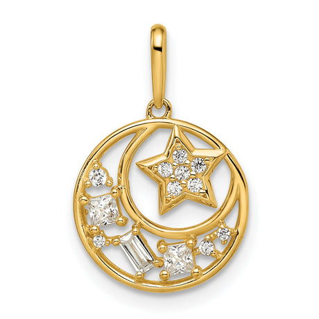 14k Yellow Gold Celestial Pendant with Cubic Zirconia, Crescent Moon and Star