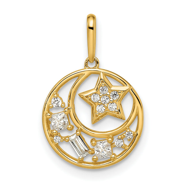 14k Yellow Gold Celestial Pendant with Cubic Zirconia, Crescent Moon and Star