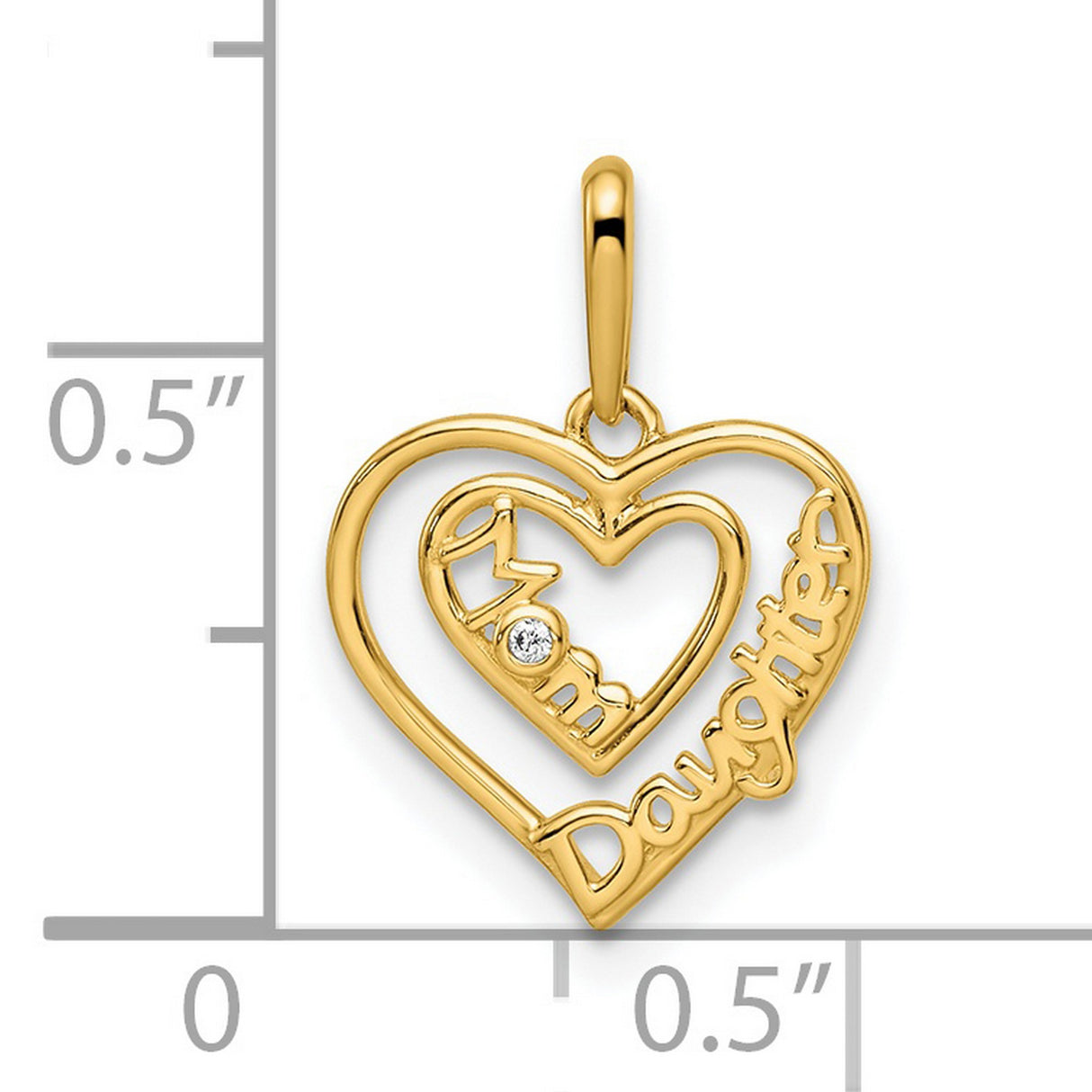14k Yellow Gold Heart Pendant with Mom and Daughter Design, Diamond Accent