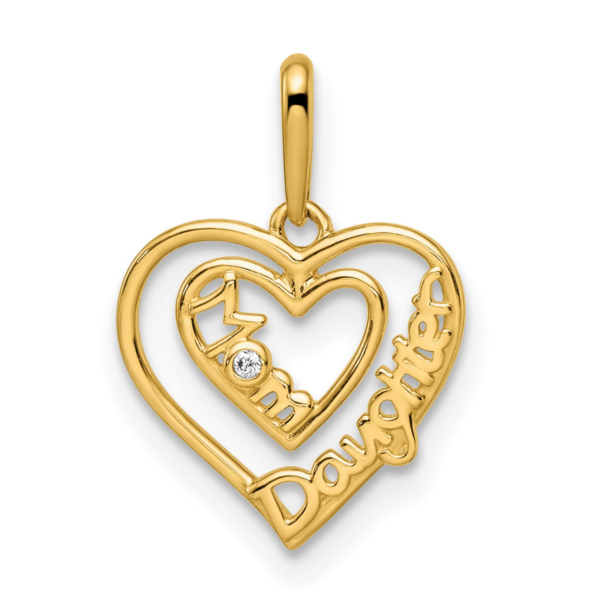 14k Yellow Gold Heart Pendant with Mom and Daughter Design, Diamond Accent
