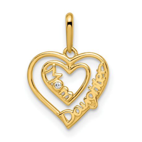 14k Yellow Gold Heart Pendant with Mom and Daughter Design, Diamond Accent