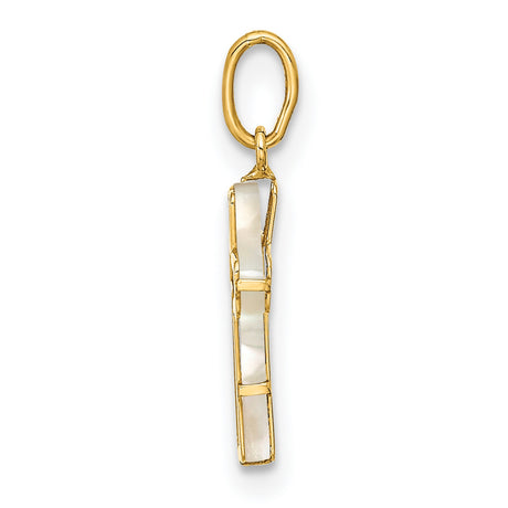 14k Yellow Gold Cross Pendant with Mother of Pearl Inlay, Traditional Christian Design for Women