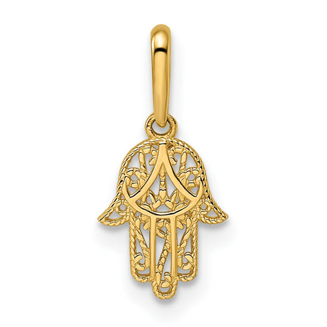 14k Yellow Gold Hamsa Hand Pendant with Filigree Design, Spiritual Protection Amulet for Women
