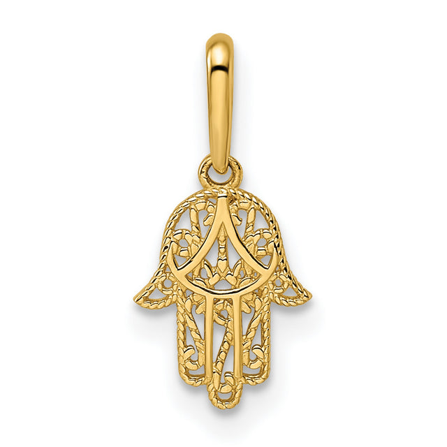 14k Yellow Gold Hamsa Hand Pendant with Filigree Design, Spiritual Protection Amulet for Women