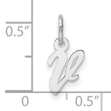 Small Script Letter V Initial Charm Pendant in Real 14k White Gold