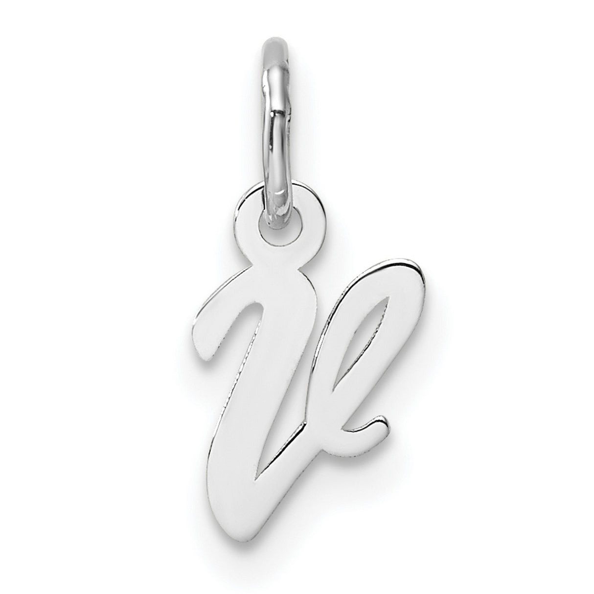 Small Script Letter V Initial Charm Pendant in Real 14k White Gold