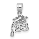 Graduation Cap 23 with Dangling Tassel Charm Pendant in Real 14k White Gold