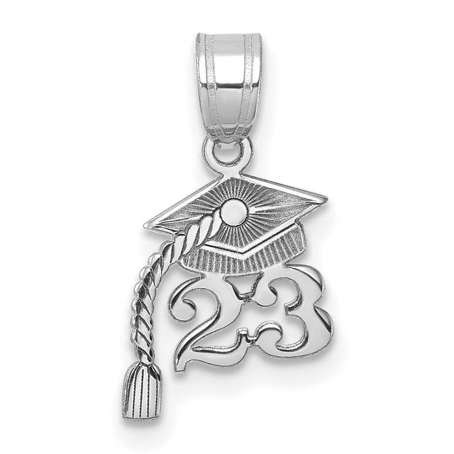 Graduation Cap 23 with Dangling Tassel Charm Pendant in Real 14k White Gold