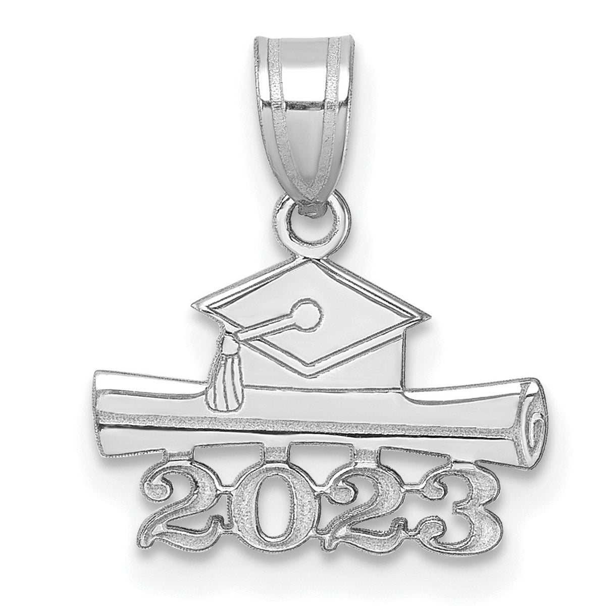2023 Graduation Cap and Diploma Charm Pendant in Real 14k White Gold