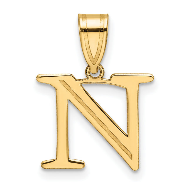 14k Yellow Gold Letter N Pendant, Polished Block Initial Charm with Sleek Bail