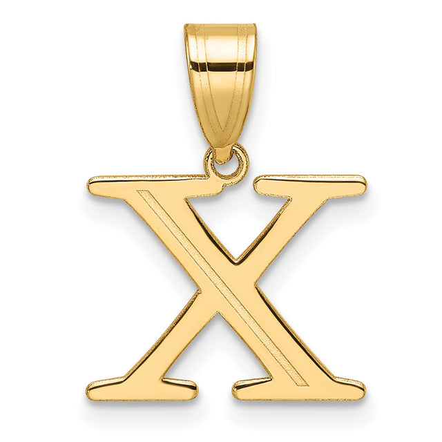Polished Etched Letter X Initial Charm Pendant in Real 14k Yellow Gold
