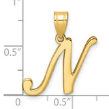 14k Yellow Gold Script Letter N Pendant, Polished Cursive Initial Charm for Women